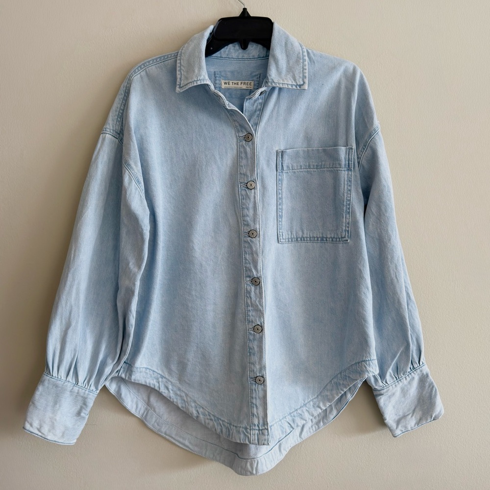 Free People Light Wash Blue Oversized Button-Down Shirt - Picture 6 of 15